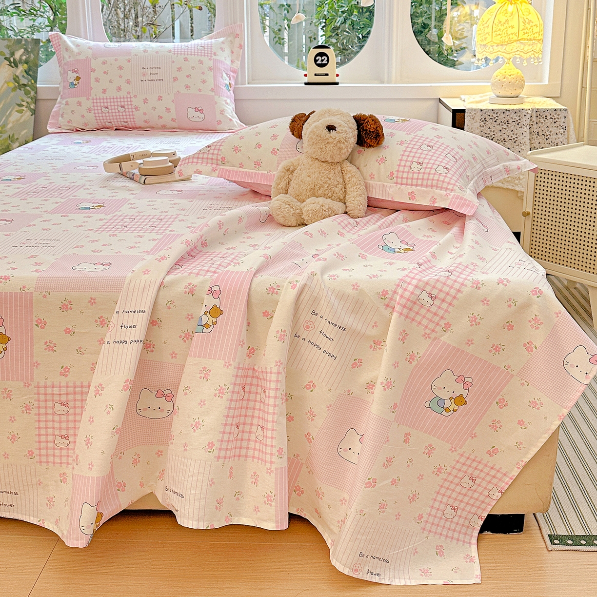 91家纺网 家纺一手货源 找家纺 恩泽家纺 2026春夏新款全棉纯棉12868印花四件套及单品系列-单床单床单单件 可爱喵