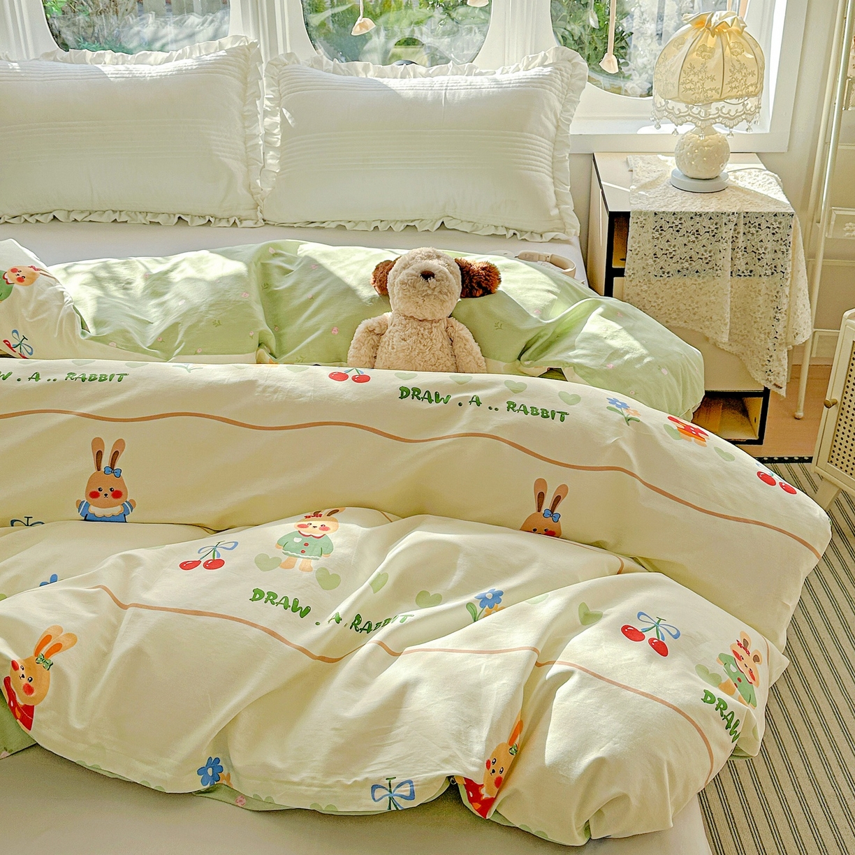 91家纺网 家纺一手货源 找家纺 恩泽家纺 2026春夏新款全棉12868印花四件套单品系列-单被套-提供买家秀，预留缩水率 樱桃兔