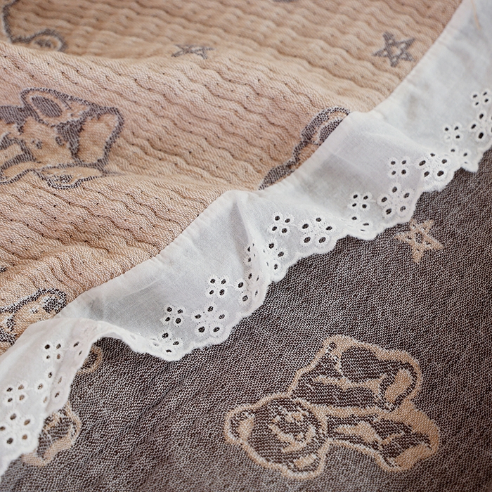 91家纺网 家纺一手货源 找家纺 朴尔家纺-毛巾被 2026春夏新款韩式花边纯棉竹纤维加大成人纱布毛巾被夏被夏凉被空调被 玩具熊-咖毛巾被