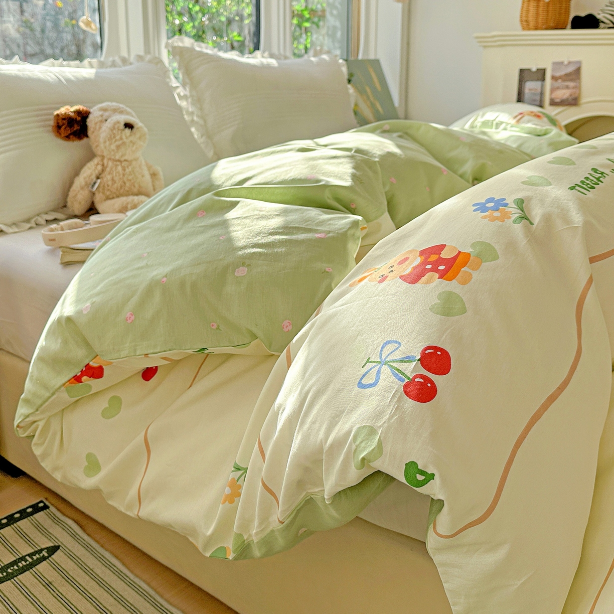 91家纺网 家纺一手货源 找家纺 恩泽家纺 2026春夏新款全棉12868印花四件套单品系列-单被套-提供买家秀，预留缩水率 樱桃兔