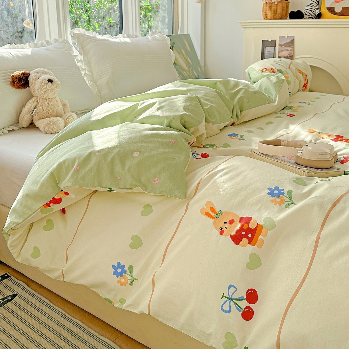 91家纺网 家纺一手货源 找家纺 恩泽家纺 2026春夏新款全棉12868印花四件套单品系列-单被套-提供买家秀，预留缩水率 樱桃兔