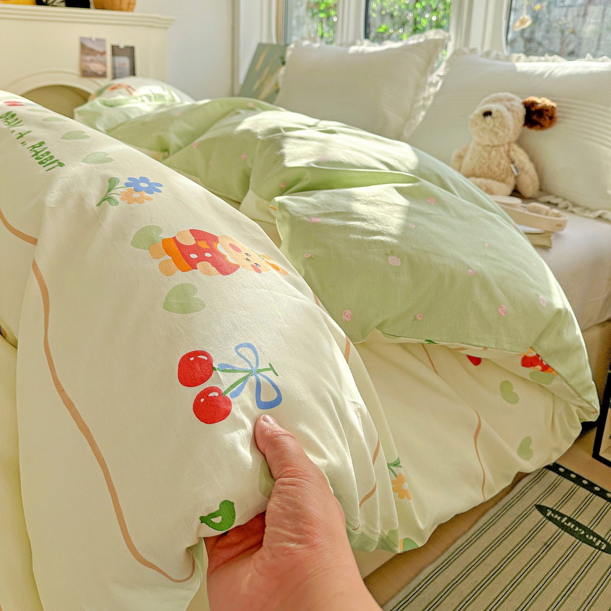 91家纺网 家纺一手货源 找家纺 恩泽家纺 2026春夏新款全棉12868印花四件套单品系列-单被套-提供买家秀，预留缩水率 樱桃兔