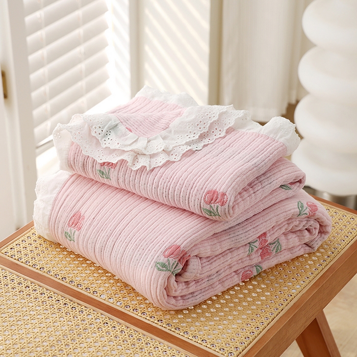 朴尔家纺-毛巾被 2026春夏新款韩式花边纯棉竹纤维加大成人纱布毛巾被夏被夏凉被空调被 樱桃日记-粉毛巾被