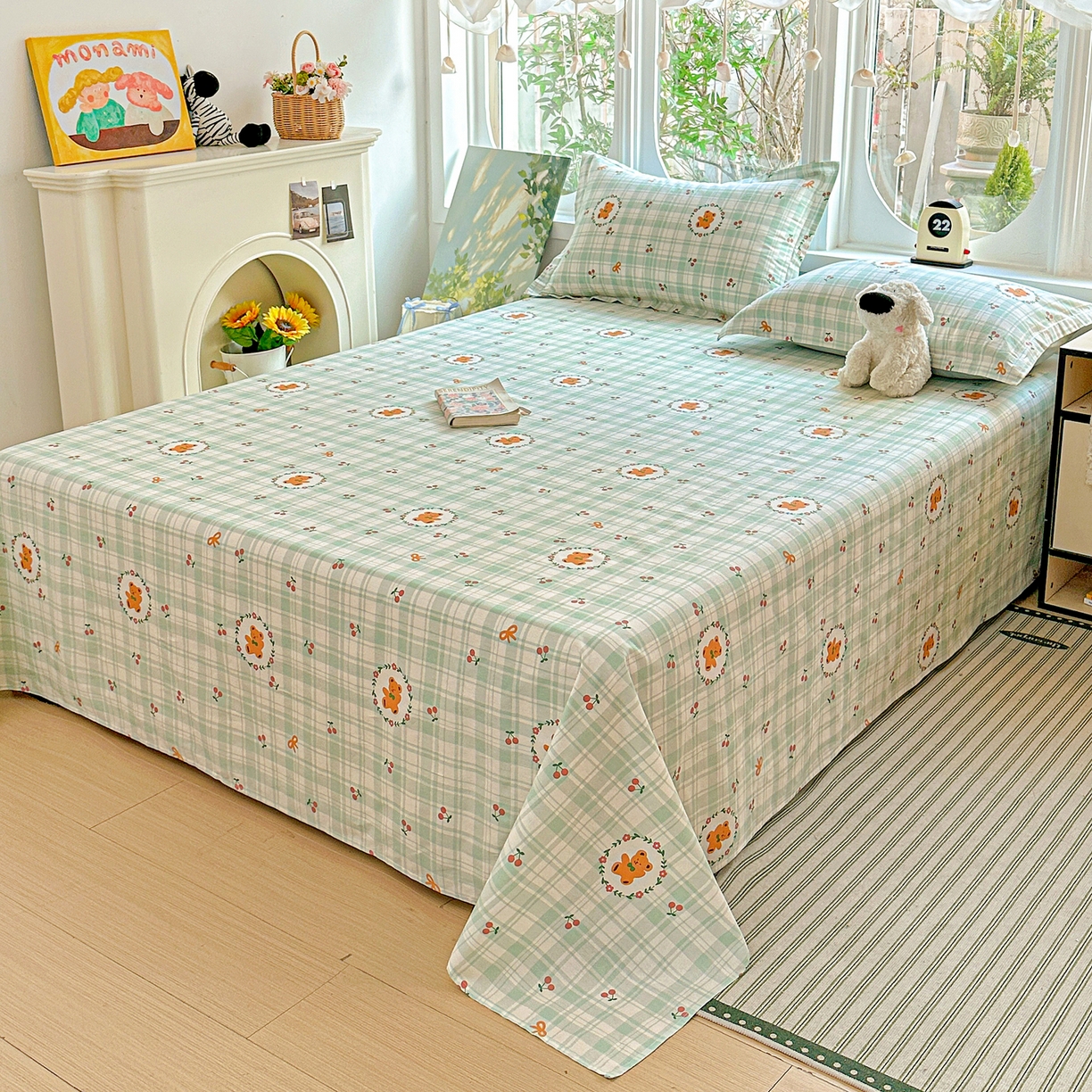 91家纺网 家纺一手货源 找家纺 恩泽家纺 2026春夏新款全棉纯棉12868印花四件套及单品系列-单床单床单单件 绿格小熊