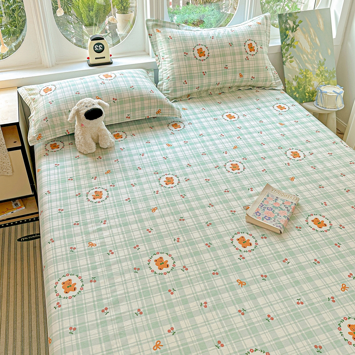 91家纺网 家纺一手货源 找家纺 恩泽家纺 2026春夏新款全棉纯棉12868印花四件套及单品系列-单床单床单单件 绿格小熊