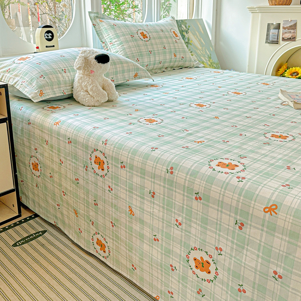 91家纺网 家纺一手货源 找家纺 恩泽家纺 2026春夏新款全棉纯棉12868印花四件套及单品系列-单床单床单单件 绿格小熊