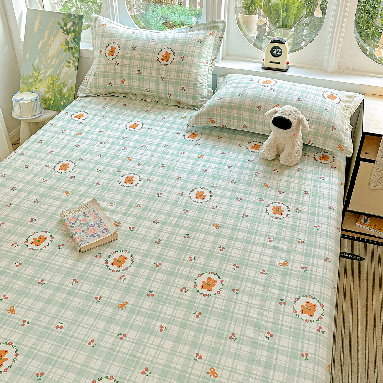 91家纺网 家纺一手货源 找家纺 恩泽家纺 2026春夏新款全棉纯棉12868印花四件套及单品系列-单床单床单单件 绿格小熊