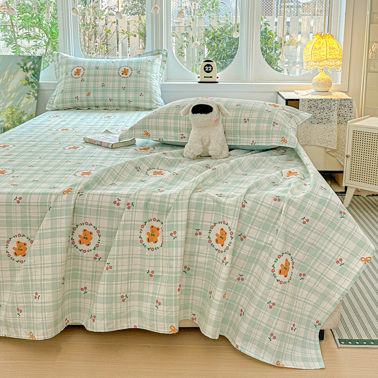 91家纺网 家纺一手货源 找家纺 恩泽家纺 2026春夏新款全棉纯棉12868印花四件套及单品系列-单床单床单单件 绿格小熊
