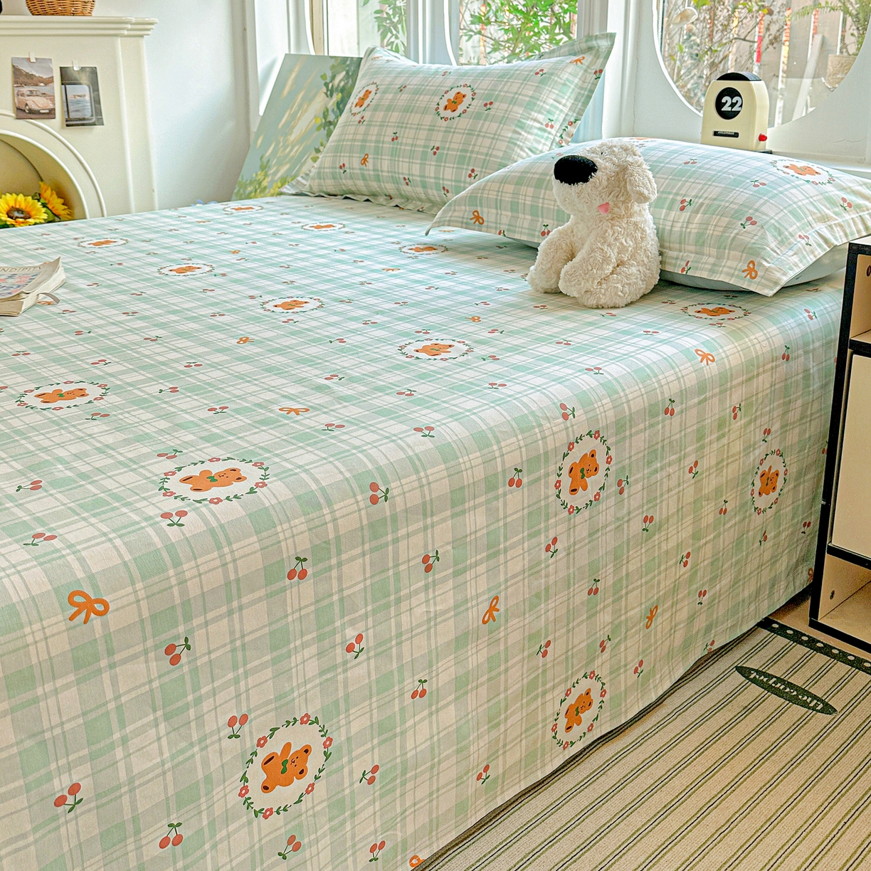 91家纺网 家纺一手货源 找家纺 恩泽家纺 2026春夏新款全棉纯棉12868印花四件套及单品系列-单床单床单单件 绿格小熊