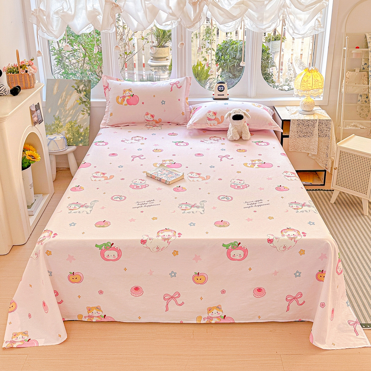 恩泽家纺 2026春夏新款全棉纯棉12868印花四件套及单品系列-单床单床单单件 苹果小猫咪