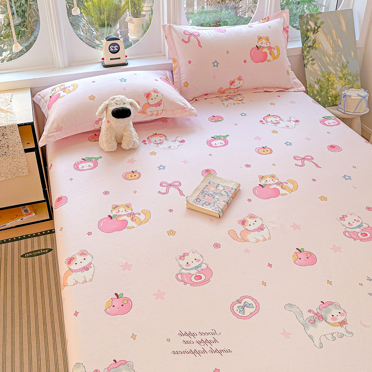 91家纺网 家纺一手货源 找家纺 恩泽家纺 2026春夏新款全棉纯棉12868印花四件套及单品系列-单床单床单单件 苹果小猫咪