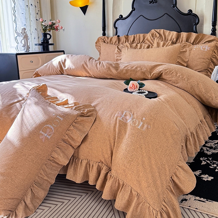 91家纺网 家纺一手货源 找家纺 （总）贝凯瑞 2026新款法式轻奢复古仿亚麻木棉皱皱棉双层纱花边四件套-鎏光系列