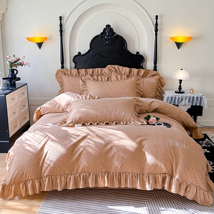 91家纺网 家纺一手货源 找家纺 （总）贝凯瑞 2026新款法式轻奢复古仿亚麻木棉皱皱棉双层纱花边四件套-鎏光系列