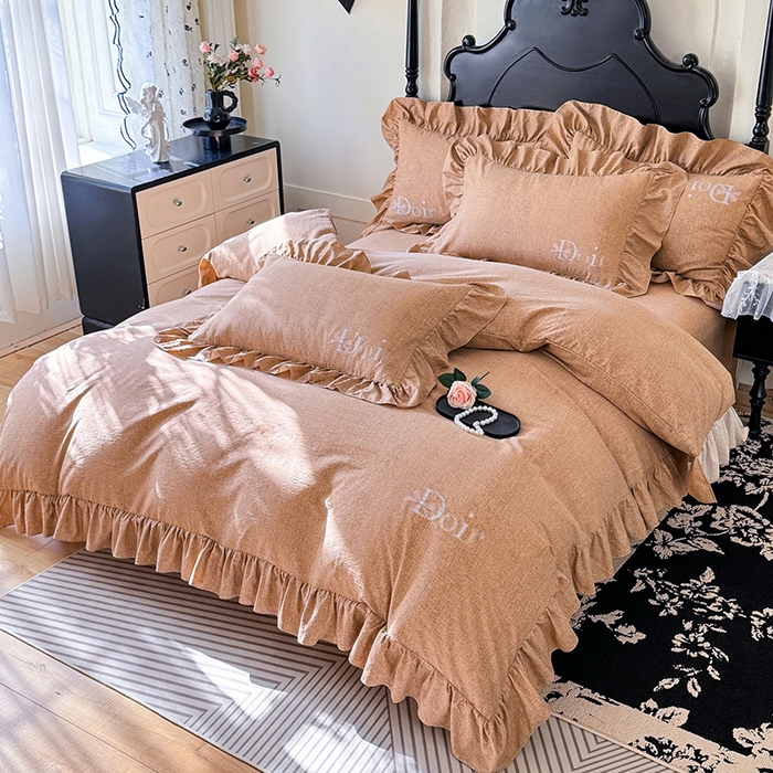 91家纺网 家纺一手货源 找家纺 （总）贝凯瑞 2026新款法式轻奢复古仿亚麻木棉皱皱棉双层纱花边四件套-鎏光系列