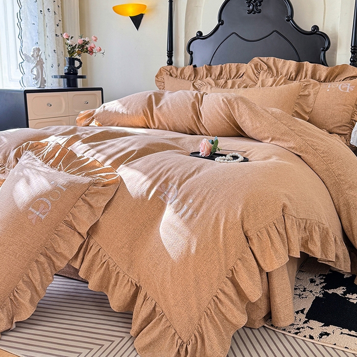 91家纺网 家纺一手货源 找家纺 （总）贝凯瑞 2026新款法式轻奢复古仿亚麻木棉皱皱棉双层纱花边四件套-鎏光系列