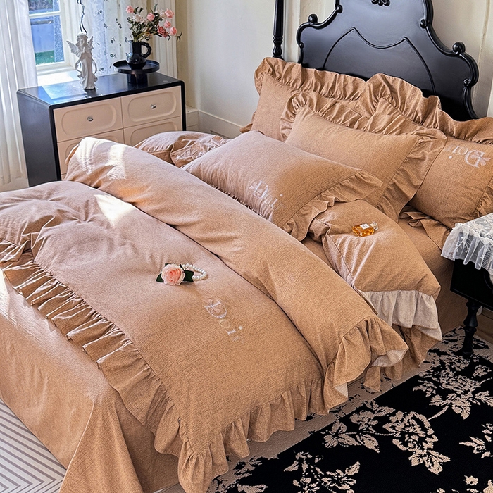 91家纺网 家纺一手货源 找家纺 （总）贝凯瑞 2026新款法式轻奢复古仿亚麻木棉皱皱棉双层纱花边四件套-鎏光系列