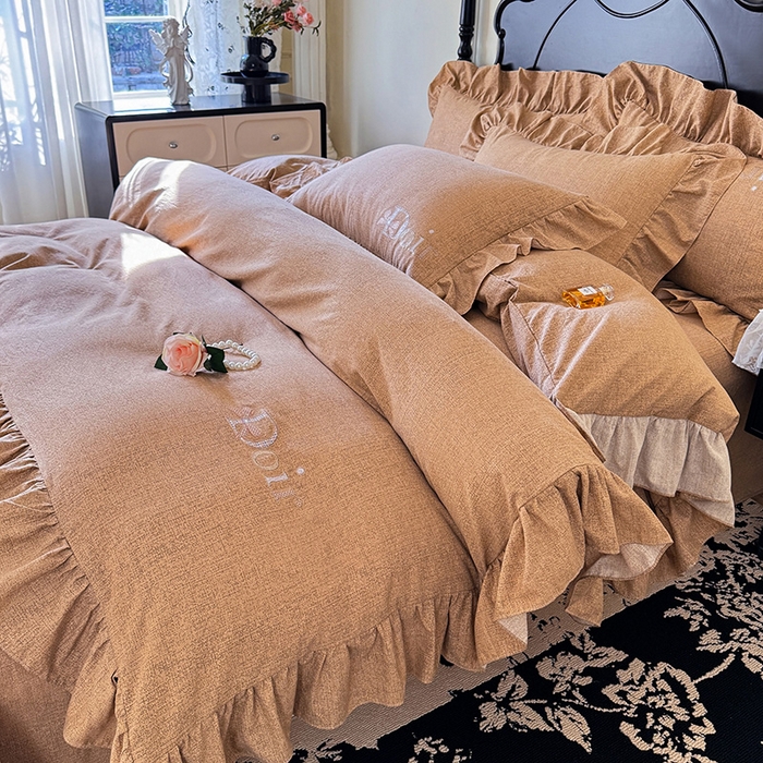 91家纺网 家纺一手货源 找家纺 （总）贝凯瑞 2026新款法式轻奢复古仿亚麻木棉皱皱棉双层纱花边四件套-鎏光系列