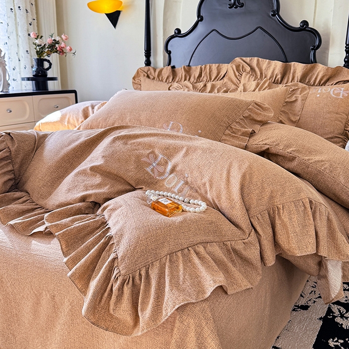 91家纺网 家纺一手货源 找家纺 （总）贝凯瑞 2026新款法式轻奢复古仿亚麻木棉皱皱棉双层纱花边四件套-鎏光系列