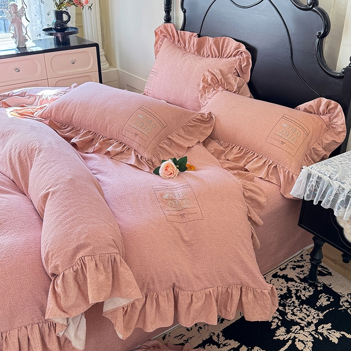 91家纺网 家纺一手货源 找家纺 （总）贝凯瑞 2026新款法式轻奢复古仿亚麻木棉皱皱棉双层纱花边四件套-鎏光系列