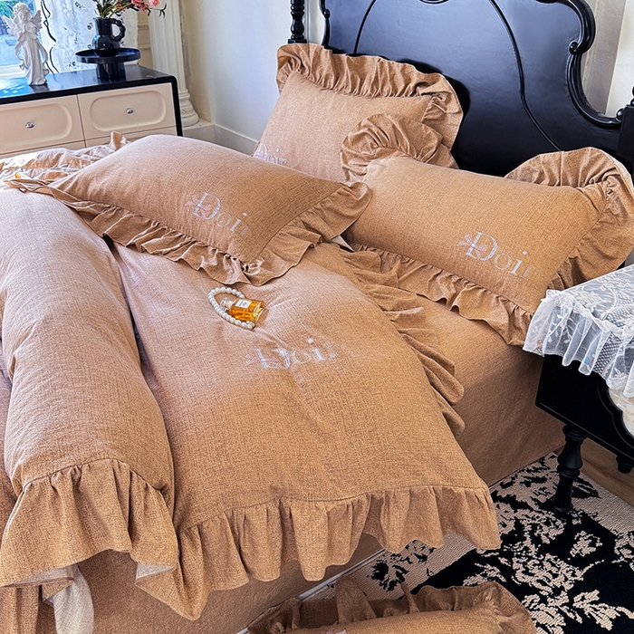 贝凯瑞 2026新款法式轻奢复古仿亚麻木棉皱皱棉双层纱花边四件套-鎏光系列 琥珀华章