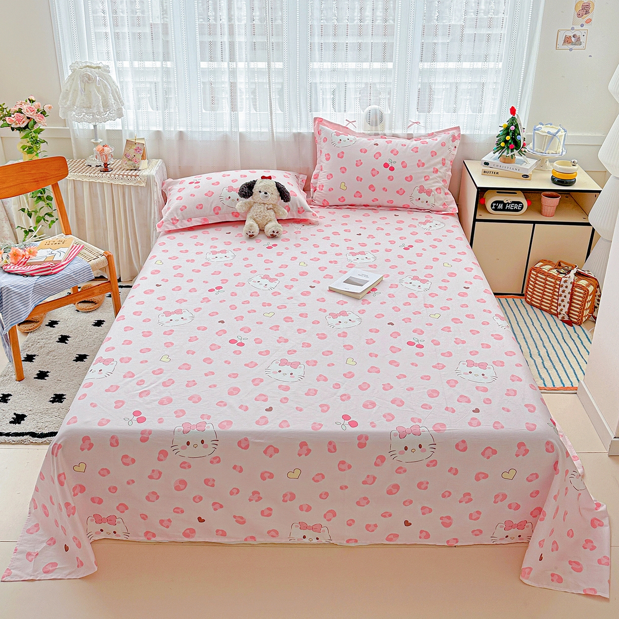 恩泽家纺 2026春夏新款全棉纯棉12868印花四件套及单品系列-单床单床单单件 时尚猫咪粉