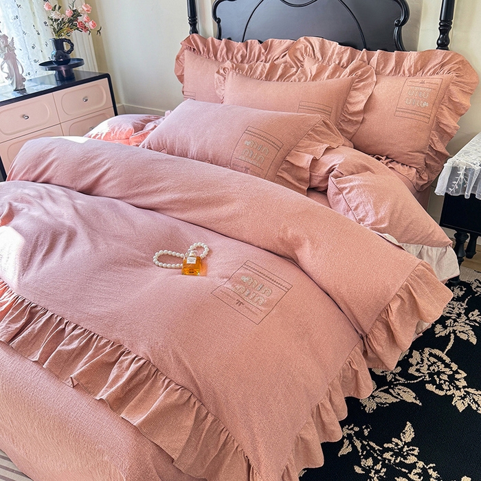 91家纺网 家纺一手货源 找家纺 贝凯瑞 2026新款法式轻奢复古仿亚麻木棉皱皱棉双层纱花边四件套-鎏光系列 蔷薇绮珍