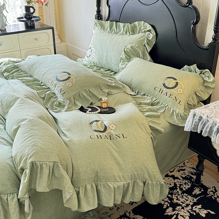 贝凯瑞 2026新款法式轻奢复古仿亚麻木棉皱皱棉双层纱花边四件套-鎏光系列 青榄雅颂