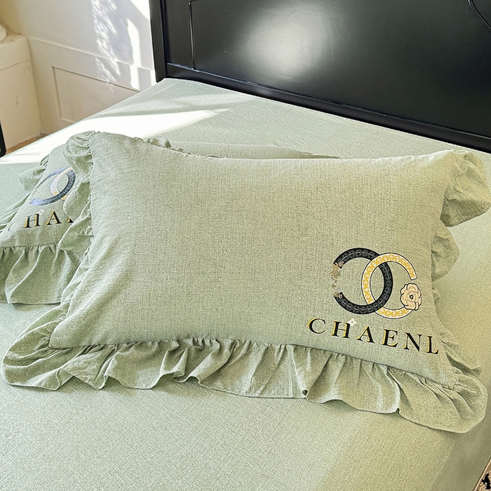 91家纺网 家纺一手货源 找家纺 贝凯瑞 2026新款法式轻奢复古仿亚麻木棉皱皱棉双层纱花边四件套-鎏光系列 青榄雅颂