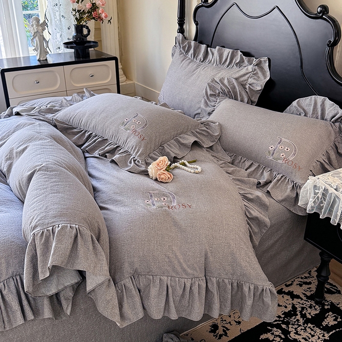 贝凯瑞 2026新款法式轻奢复古仿亚麻木棉皱皱棉双层纱花边四件套-鎏光系列 雾屿灰调