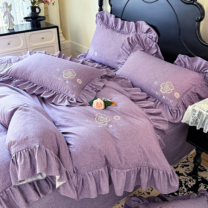 贝凯瑞 2026新款法式轻奢复古仿亚麻木棉皱皱棉双层纱花边四件套-鎏光系列 紫晶典藏