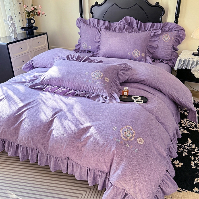 91家纺网 家纺一手货源 找家纺 贝凯瑞 2026新款法式轻奢复古仿亚麻木棉皱皱棉双层纱花边四件套-鎏光系列 紫晶典藏