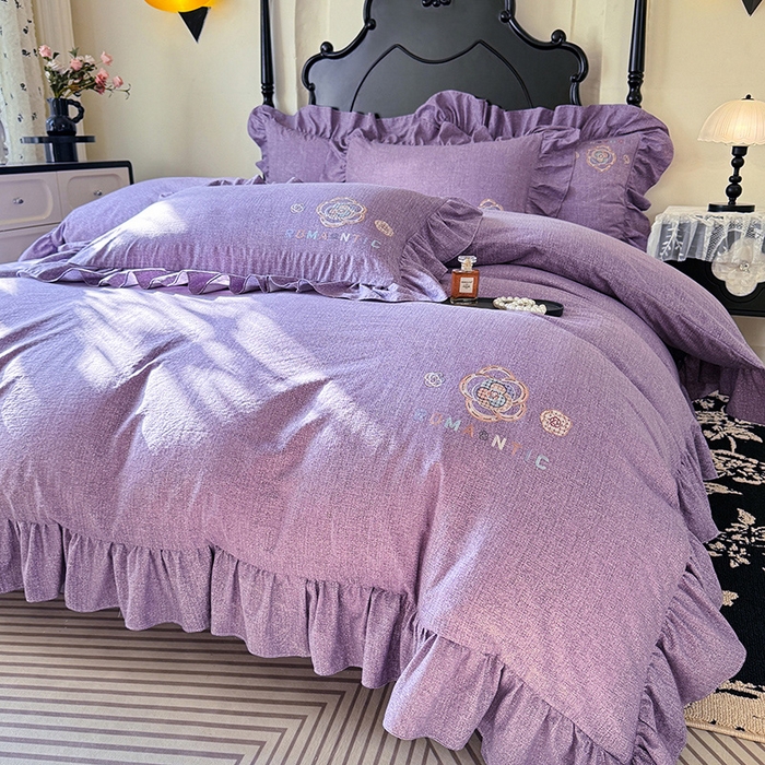 91家纺网 家纺一手货源 找家纺 贝凯瑞 2026新款法式轻奢复古仿亚麻木棉皱皱棉双层纱花边四件套-鎏光系列 紫晶典藏