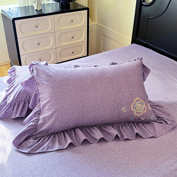 91家纺网 家纺一手货源 找家纺 贝凯瑞 2026新款法式轻奢复古仿亚麻木棉皱皱棉双层纱花边四件套-鎏光系列 紫晶典藏