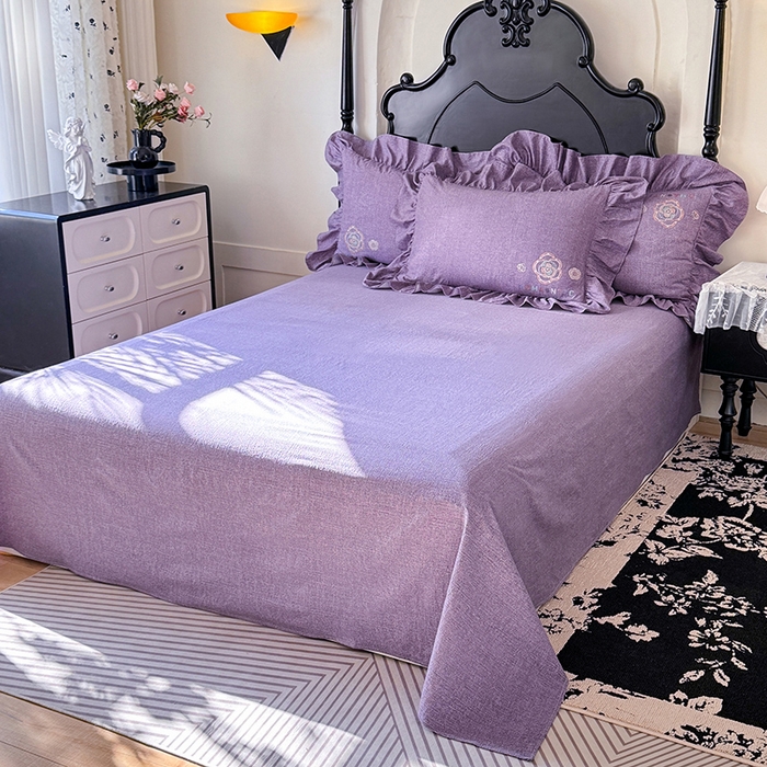 91家纺网 家纺一手货源 找家纺 贝凯瑞 2026新款法式轻奢复古仿亚麻木棉皱皱棉双层纱花边四件套-鎏光系列 紫晶典藏