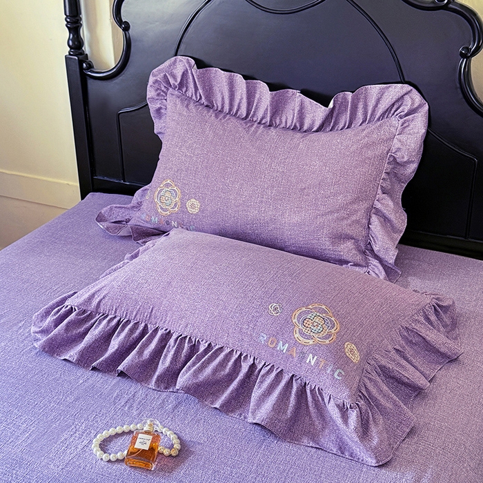 91家纺网 家纺一手货源 找家纺 贝凯瑞 2026新款法式轻奢复古仿亚麻木棉皱皱棉双层纱花边四件套-鎏光系列 紫晶典藏