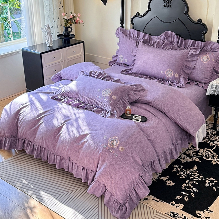 91家纺网 家纺一手货源 找家纺 贝凯瑞 2026新款法式轻奢复古仿亚麻木棉皱皱棉双层纱花边四件套-鎏光系列 紫晶典藏