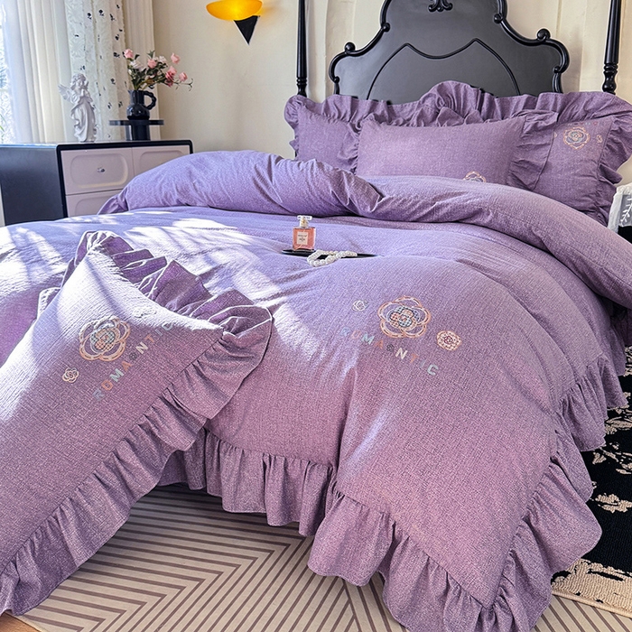 91家纺网 家纺一手货源 找家纺 贝凯瑞 2026新款法式轻奢复古仿亚麻木棉皱皱棉双层纱花边四件套-鎏光系列 紫晶典藏