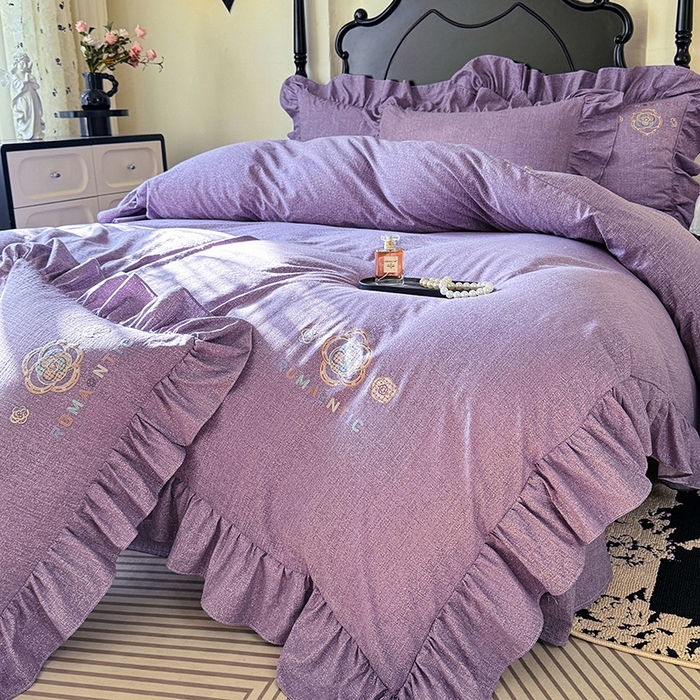 91家纺网 家纺一手货源 找家纺 贝凯瑞 2026新款法式轻奢复古仿亚麻木棉皱皱棉双层纱花边四件套-鎏光系列 紫晶典藏