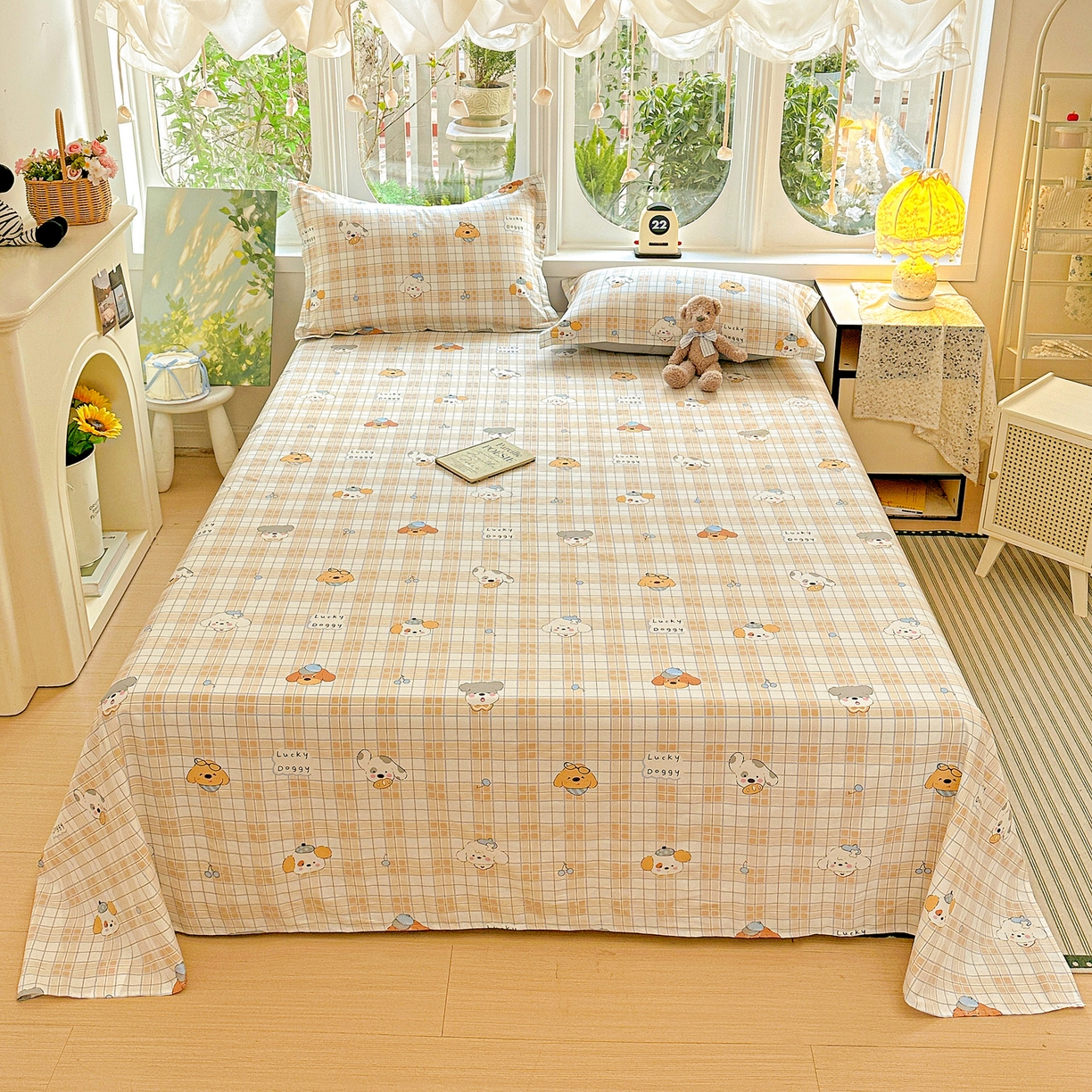 恩泽家纺 2026春夏新款全棉纯棉12868印花四件套及单品系列-单床单床单单件 甜心汪·咖