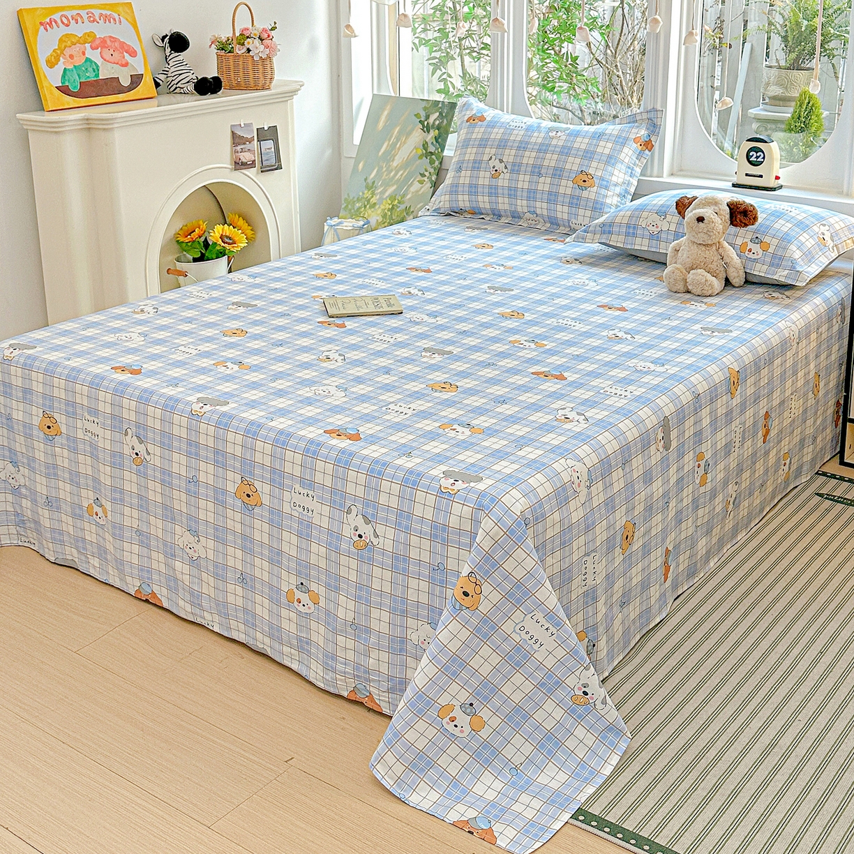 91家纺网 家纺一手货源 找家纺 恩泽家纺 2026春夏新款全棉纯棉12868印花四件套及单品系列-单床单床单单件 甜心汪·蓝