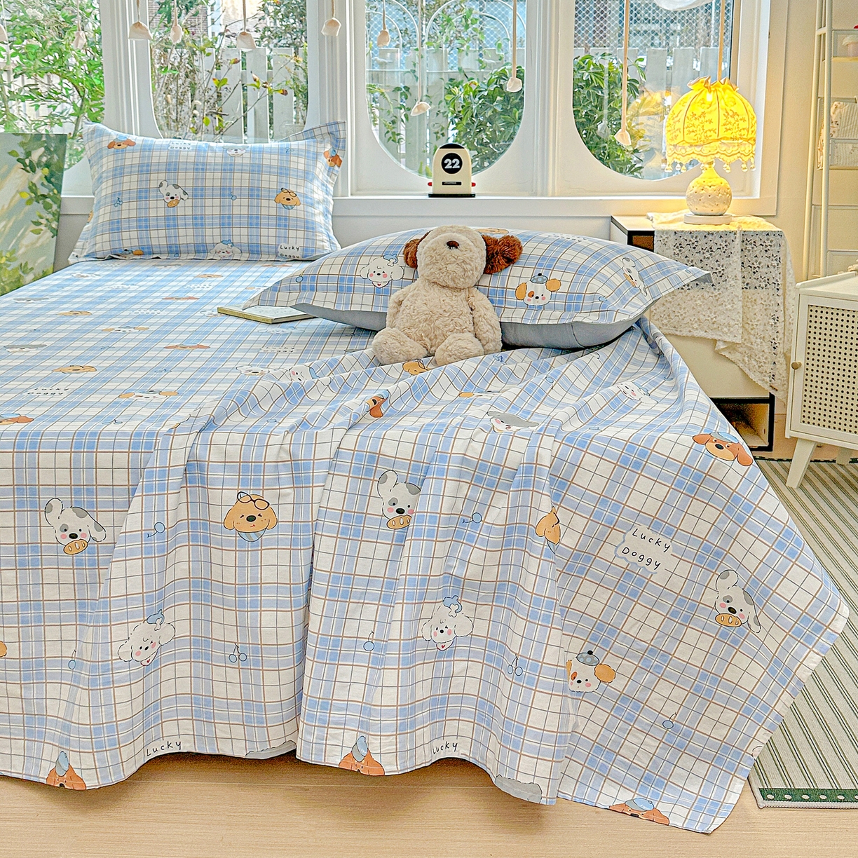 91家纺网 家纺一手货源 找家纺 恩泽家纺 2026春夏新款全棉纯棉12868印花四件套及单品系列-单床单床单单件 甜心汪·蓝