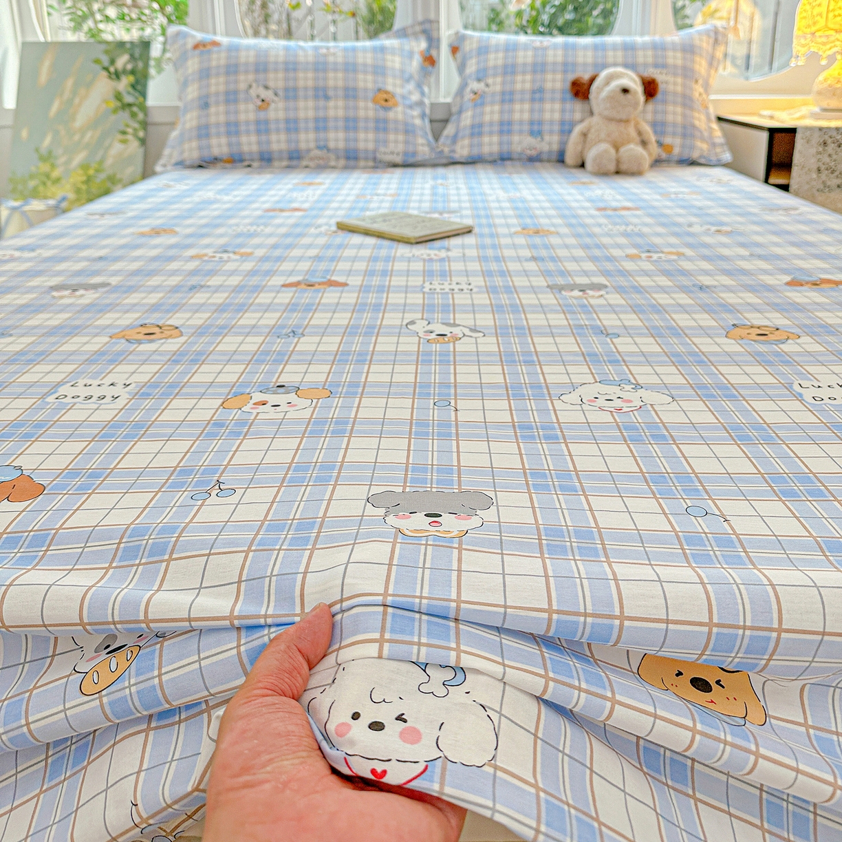 91家纺网 家纺一手货源 找家纺 恩泽家纺 2026春夏新款全棉纯棉12868印花四件套及单品系列-单床单床单单件 甜心汪·蓝