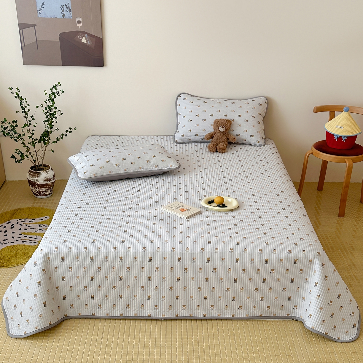 91家纺网 家纺一手货源 找家纺 漫时光 2026新款纯棉小清新棉花夹层床盖 条纹灰熊