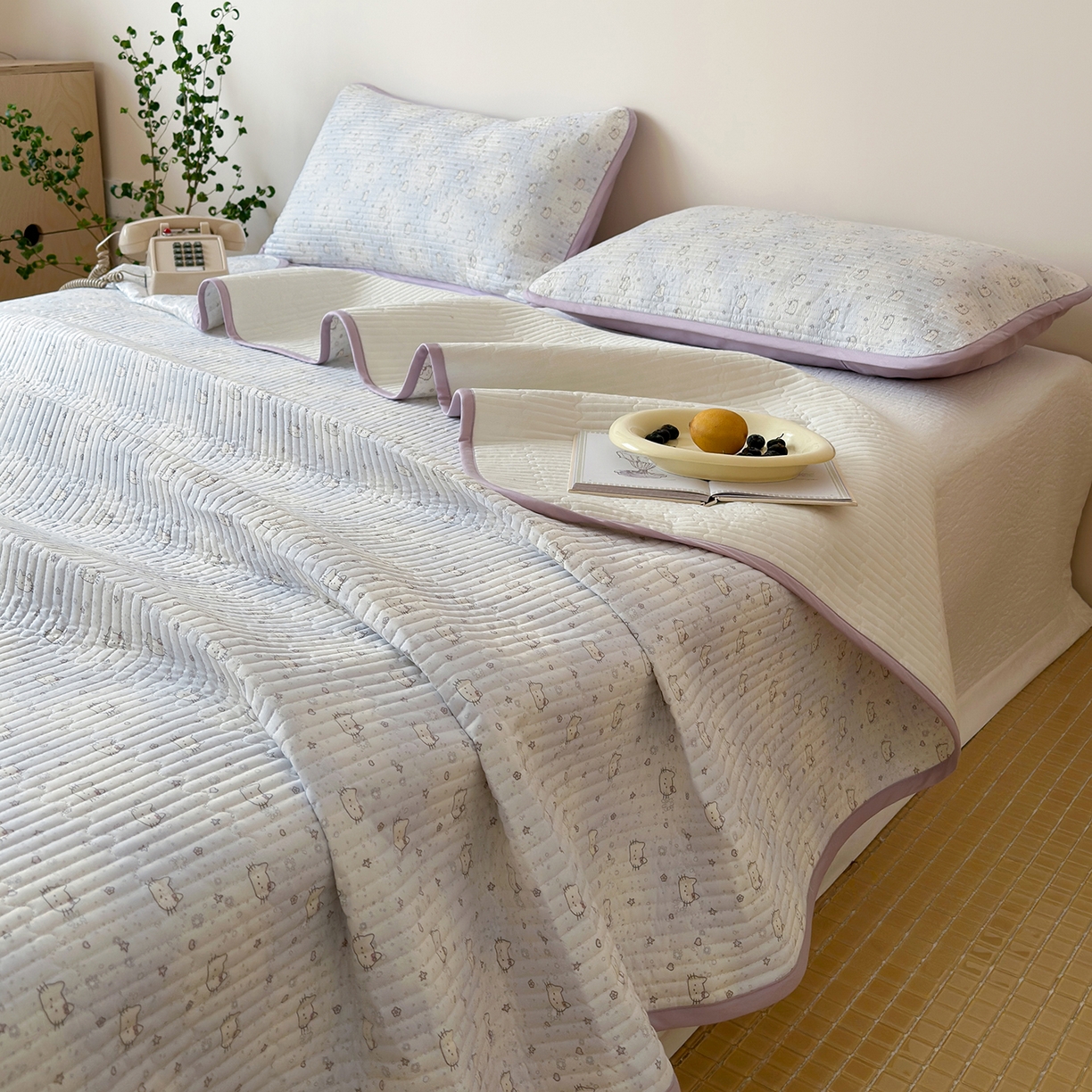 漫时光 2026新款纯棉小清新棉花夹层床盖 星星猫