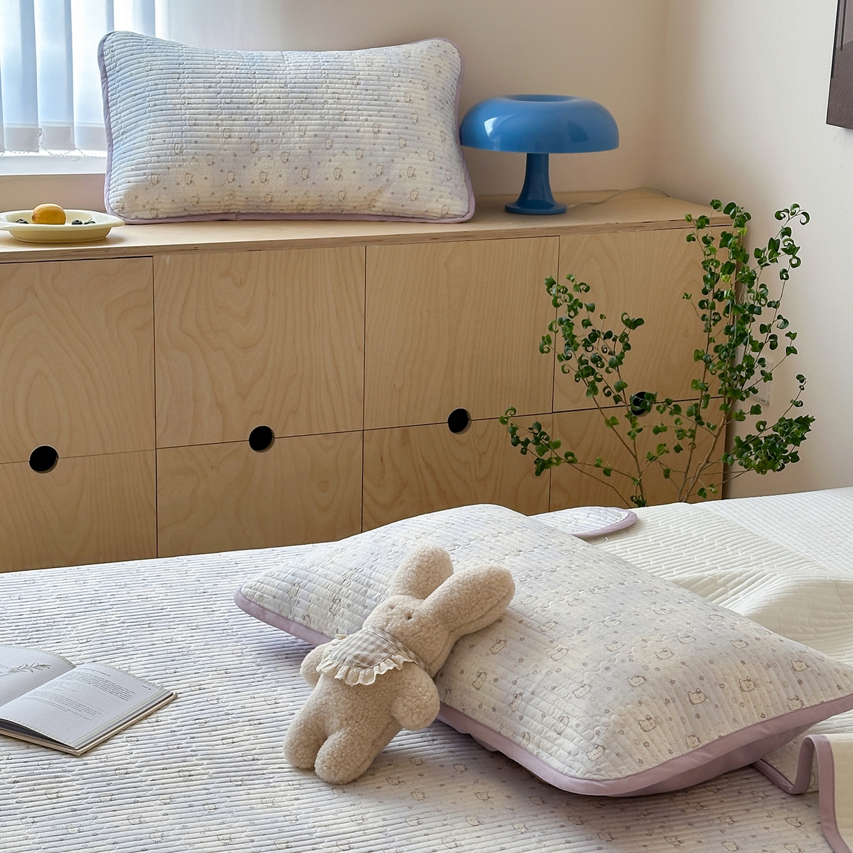 91家纺网 家纺一手货源 找家纺 漫时光 2026新款纯棉小清新棉花夹层床盖 星星猫