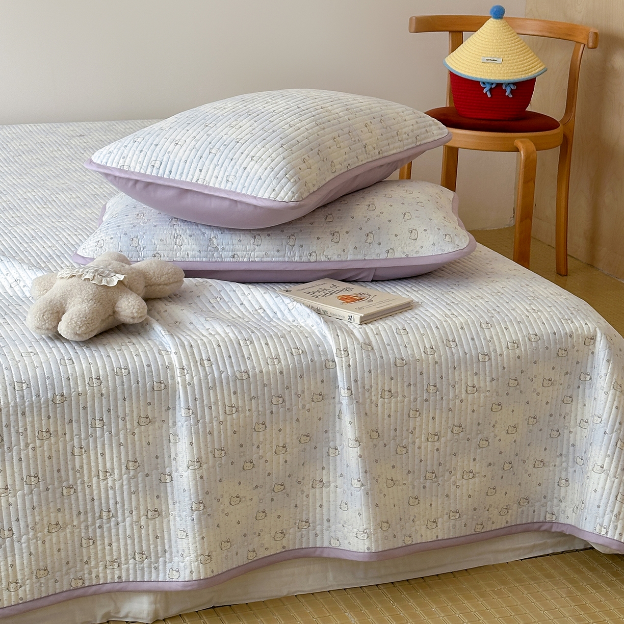 91家纺网 家纺一手货源 找家纺 漫时光 2026新款纯棉小清新棉花夹层床盖 星星猫