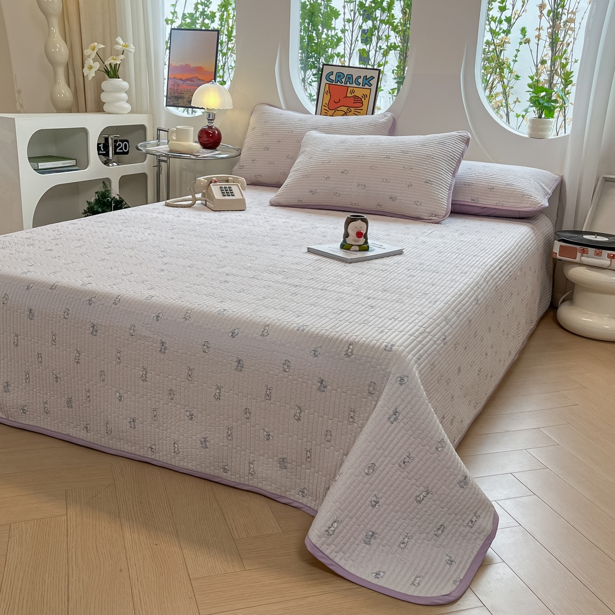 91家纺网 家纺一手货源 找家纺 漫时光 2026新款纯棉小清新棉花夹层床盖 芭比兔