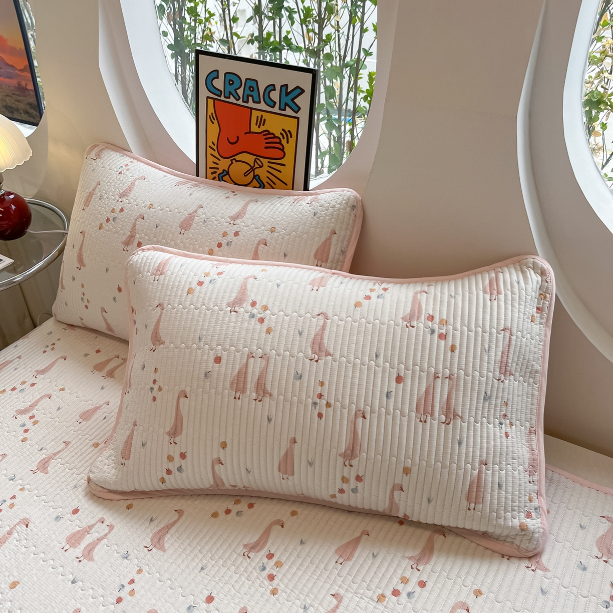 91家纺网 家纺一手货源 找家纺 漫时光 2026新款纯棉小清新棉花夹层床盖 可爱鸭