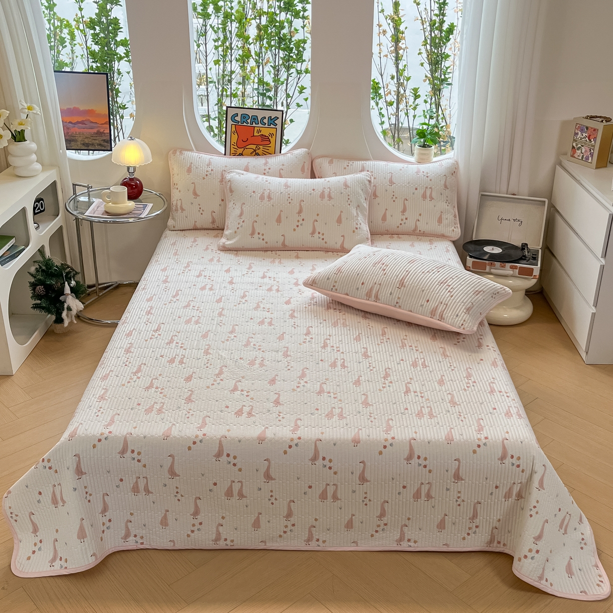 91家纺网 家纺一手货源 找家纺 漫时光 2026新款纯棉小清新棉花夹层床盖 可爱鸭