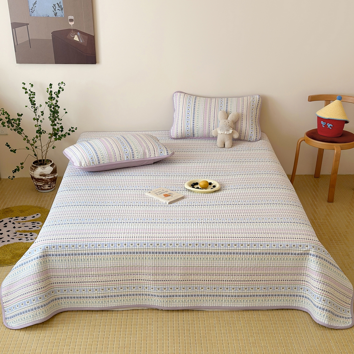 91家纺网 家纺一手货源 找家纺 漫时光 2026新款纯棉小清新棉花夹层床盖 费尔岛-紫